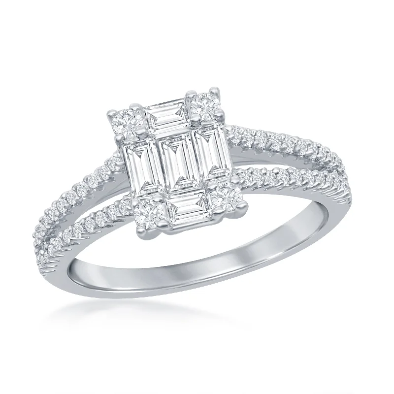 women luxury diamond rings -Sterling Silver Baguette CZ Emerald-Cut Open Band Engagement Ring