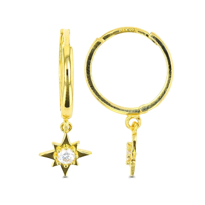 women drop earrings -14KT Yellow Gold 2.5MM Hoop Earrings with Dangling Star