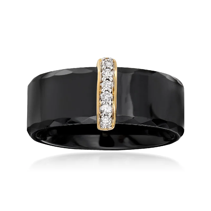 women custom-designed engagement rings -Ross-Simons Black Ceramic Ring With Diamond Bar in 14kt Yellow Gold