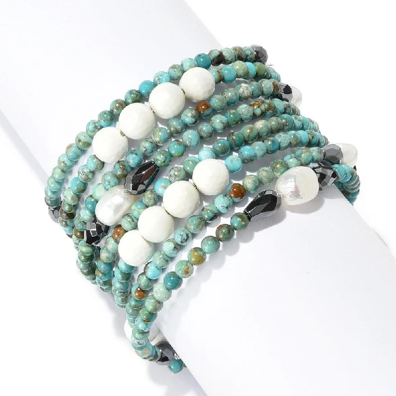 women high-quality bracelets -10 x 8mm Cultured Pearl, Hematite & Turquoise Beaded Wrap Bracelet