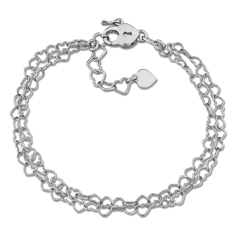 women elegant bangles -Miadora Double Strand 3.5mm Heart Link Bracelet Sterling Silver-6.5 in+1 ext