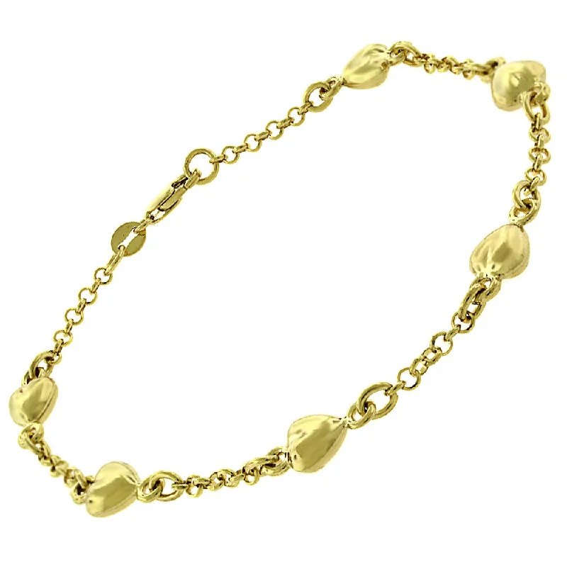 women stacked bangles -14k Yellow Gold Womens Fancy Puff Hearts Cable Link Charm Bracelet Chain 6", 7", 10"