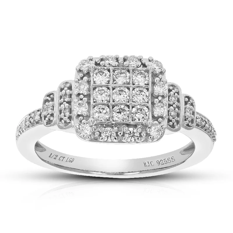 women diamond and platinum engagement rings -1/2 cttw Round Cut Lab Grown Diamond Engagement Ring 35 Stones .925 Sterling Silver Prong Set