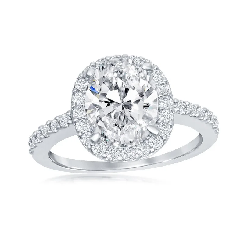 women affordable engagement rings -Sterling Silver Large Oval Halo CZ Engagement Ring - Size 6