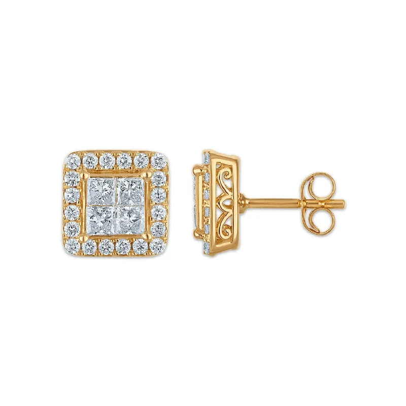 women elegant stud earrings -Red Hot Deal 1-1/2 CTW Princess Cut Lab Grown Diamond Halo Stud Earrings in 14KT Yellow Gold