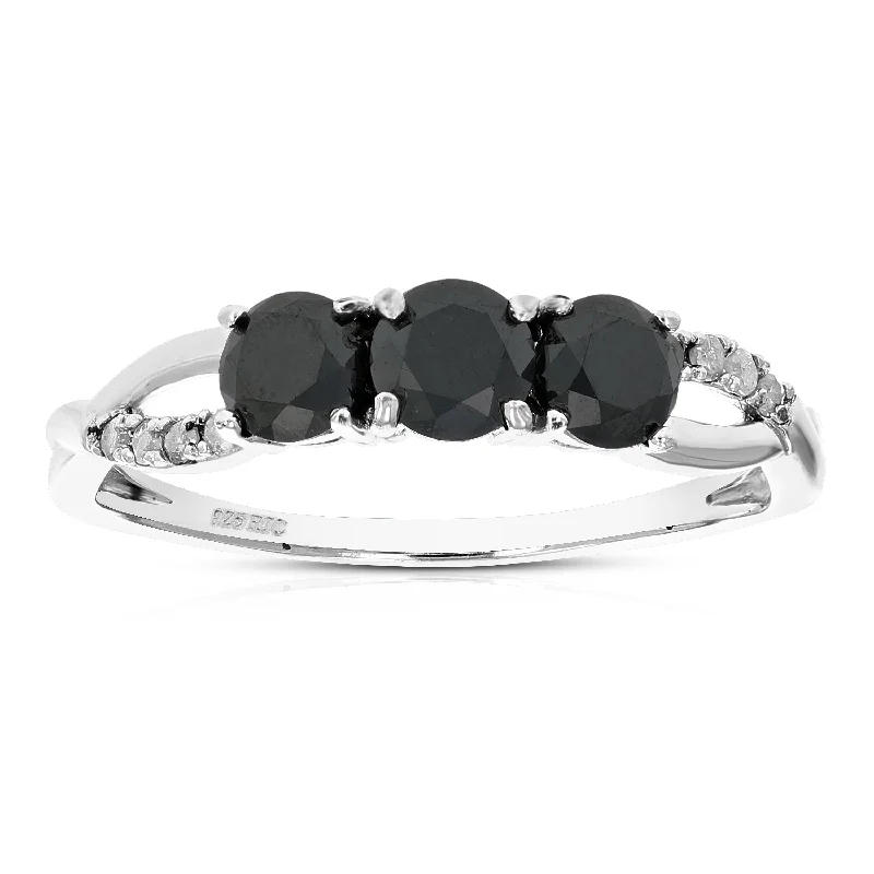 women alternative engagement rings -1 CT 3 Stone Black Diamond Ring Criss Cross Design Sterling Silver