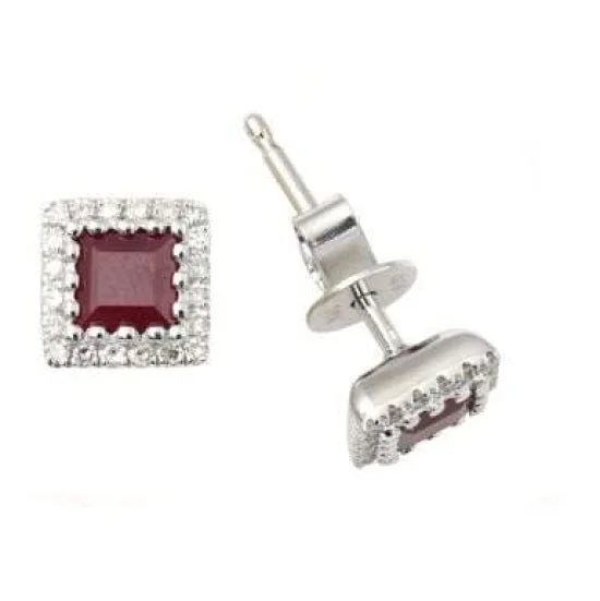 women heart-shaped earrings -3.6MM Square Ruby and Diamond Halo Stud Earrings in 14KT White Gold