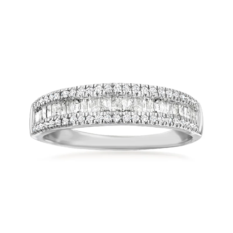 women eternity engagement rings -Ross-Simons Baguette and Round Diamond Ring in Sterling Silver