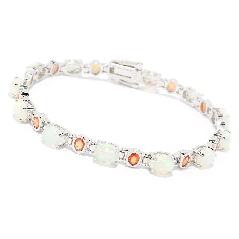 women contemporary bangles -Sterling Silver 7.5" Ethiopian Opal & Orange Sapphire Line Bracelet