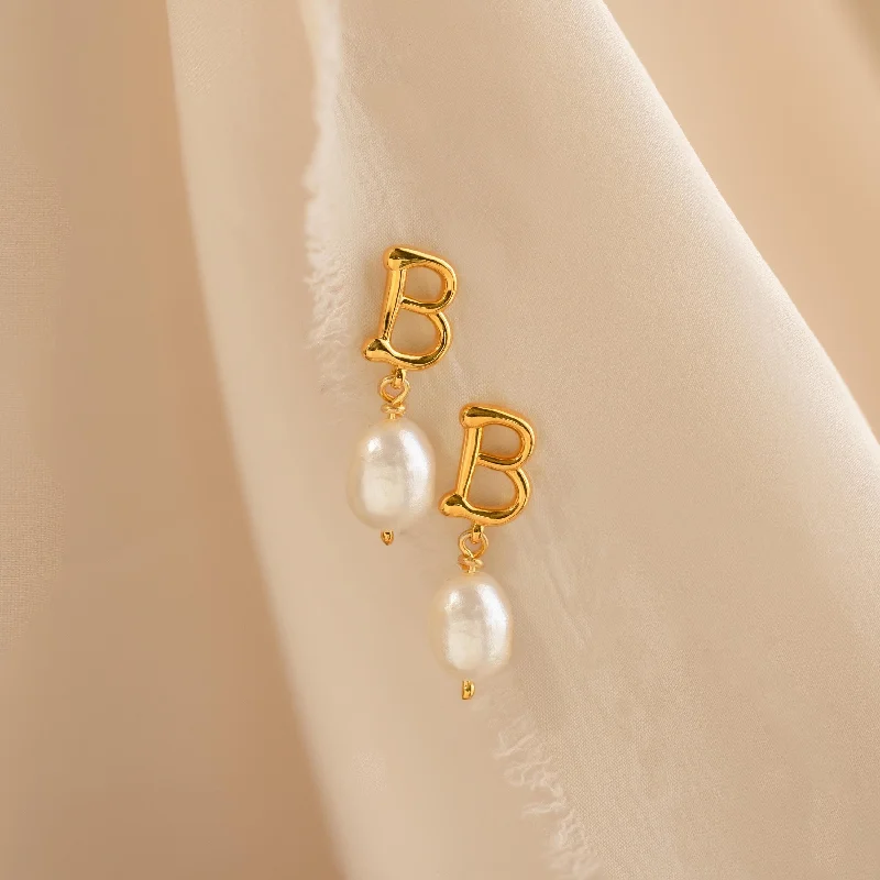 women gold earrings -Initial Pearl Drop Studs