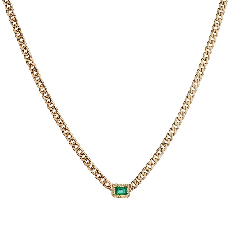 women vintage necklaces -GREEN EMERALD & DIAMOND PENDANT LINK CHAIN NECKLACE