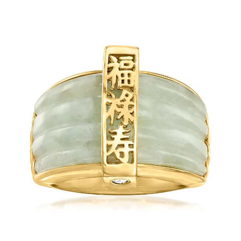 women oval-cut engagement rings -Ross-Simons Jade "Fortune, Prosperity, Longevity" Ring With 18kt Gold Over Sterling