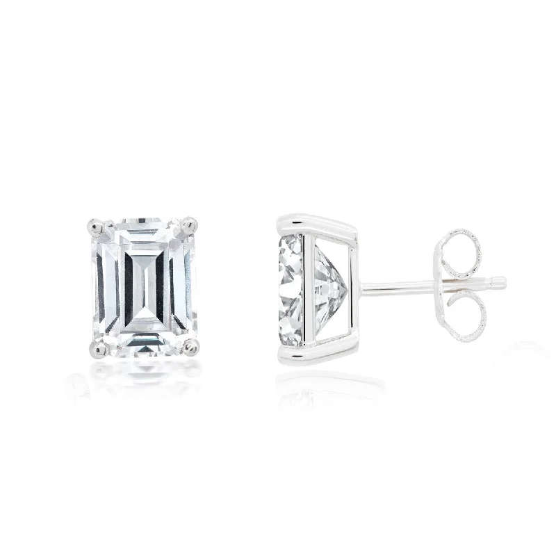 women modern earrings -Crislu Platinum Plated Sterling Silver Emerald Shape Cubic Zirconia Solitaire Stud Earrings