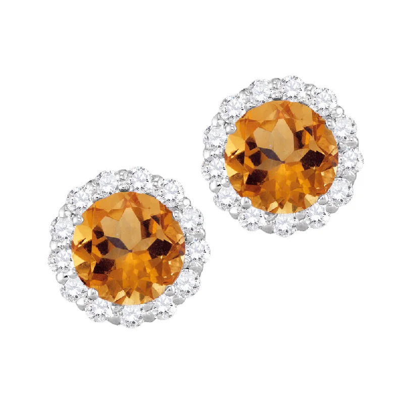 women gold stud earrings -6MM Round Citrine and White Sapphire Birthstone Halo Stud Earrings in 10KT White Gold