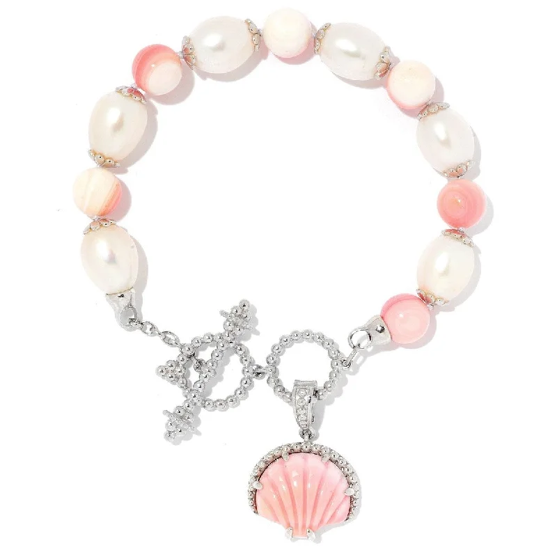 women vintage bracelets -Dallas Prince Designs Sterling Silver 14 x 10.5mm Cultured Pearl & Gemstone Seashell Bracelet