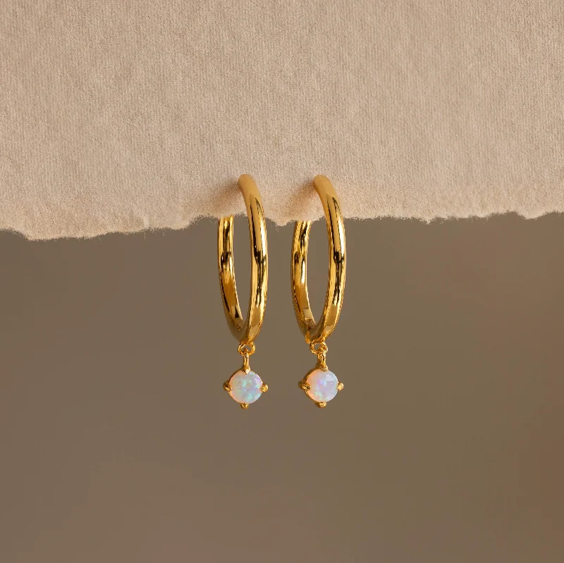 women minimalistic gold earrings -Dainty Opal Drop Huggies