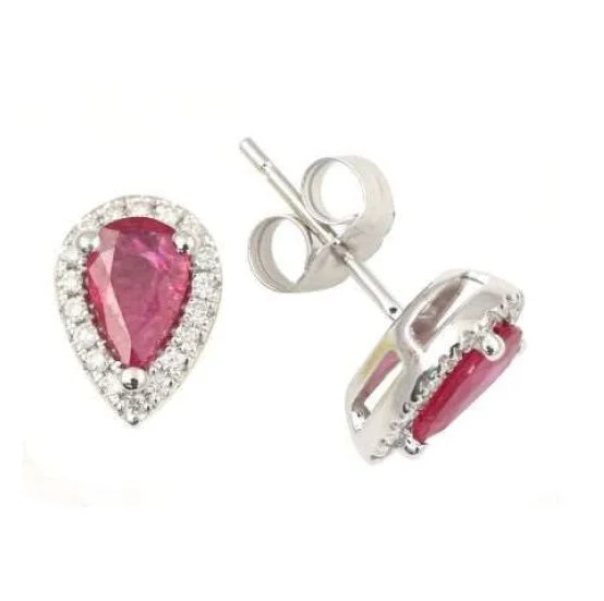 women trendy gold earrings -5X3MM Pear Ruby and Diamond Halo Stud Earrings in 14KT White Gold