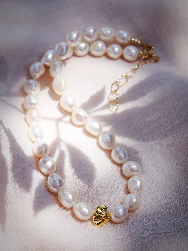 women luxury gold necklaces -Sale - Chunky White Pearl Necklace with Gold Seashell - Nanea