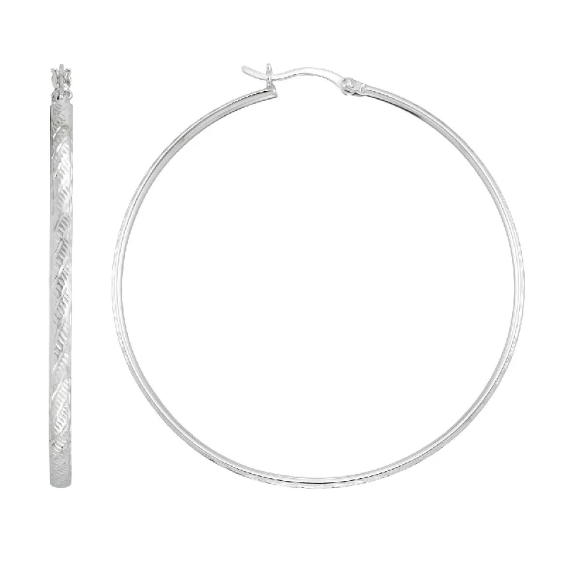 women vintage stud earrings -Simone I Smith Collection Platinum Plated Sterling Silver 50X3MM Textured Hoop Earrings