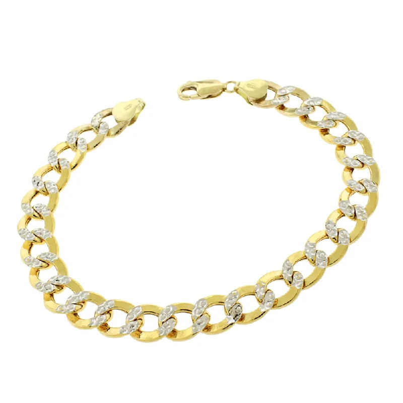 women classic bangle bracelets -14k Yellow Gold 9.5mm Hollow Cuban Curb Link Diamond Cut Two-Tone Pave Bracelet Chain 9"