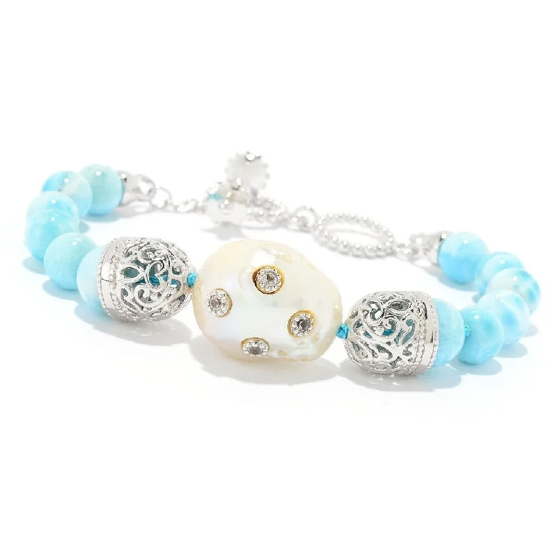 women diamond bracelets -Sterling Silver 21 x 13mm Baroque Cultured Pearl & Larimar Toggle Bracelet