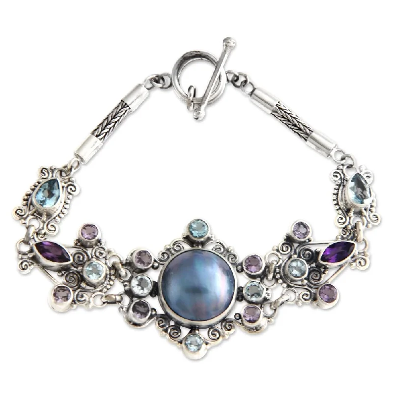 women engraved bracelets -Goddess Petals Handmade Vintage Women's Sterling Silver Pearl Purple Amethyst Blue Topaz Gemstone Jewelry Bracelet (Indonesia)