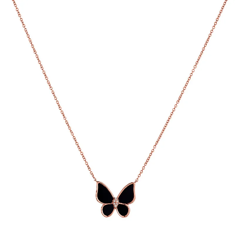 women short necklaces -BLACK ONYX  BUTTERFLY & DIAMOND NECKLACE