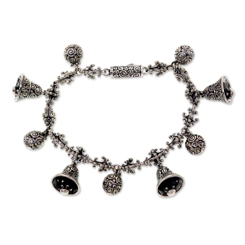 women vintage bangles -Sterling Silver Charm Bracelet, 'Singing Bells' (Indonesia)