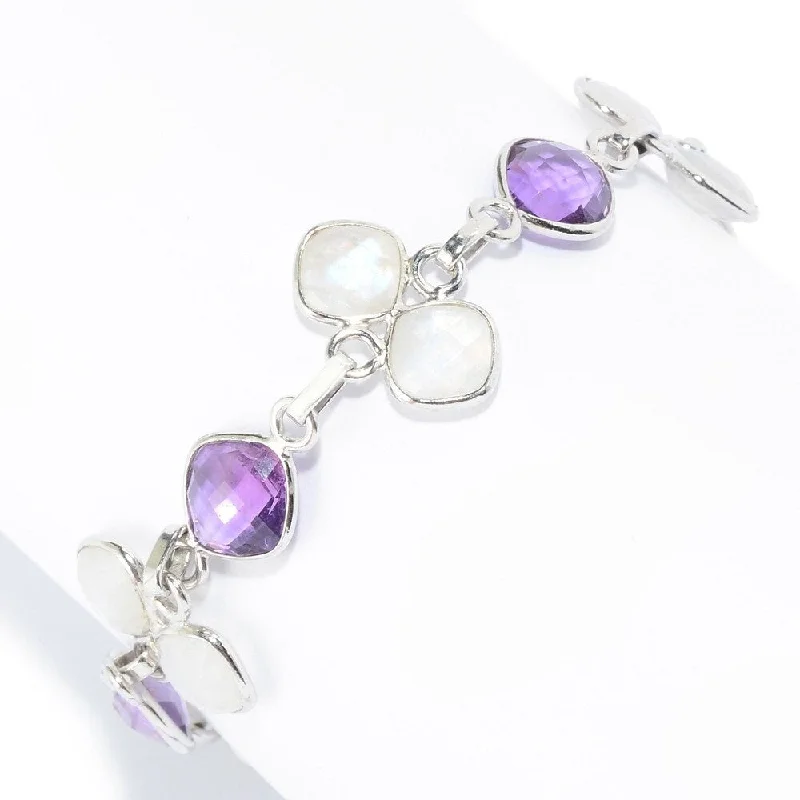 women eco-conscious bangles -Sterling Silver Amethyst & Rainbow Moonstone Station Bracelet