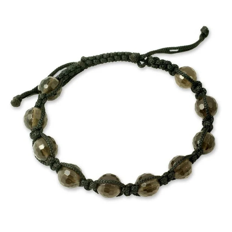 women silver bangles -Handmade Smokey Quartz 'Joyful Oneness' Macrame Bracelet (India)