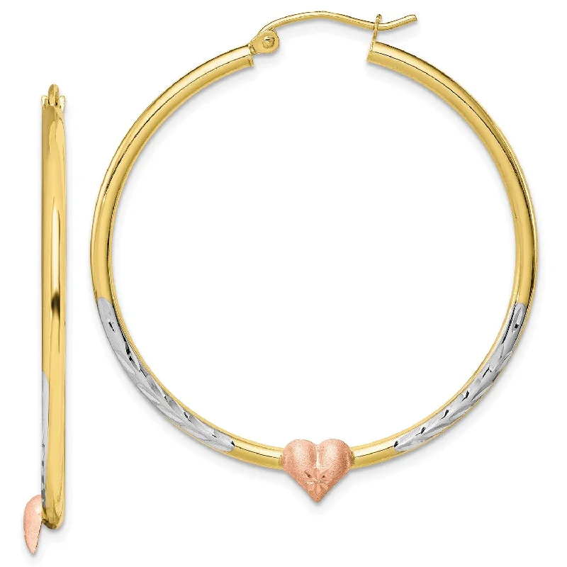 women drop earrings -10KT Gold Tri-Color 3.5X40MM Diamond-cut Heart Hoop Earrings