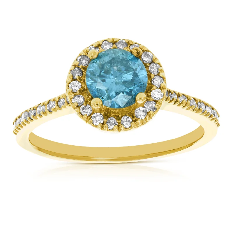 women vintage diamond engagement rings -1.30 cttw Blue and White Diamond Engagement Ring 14K Yellow Gold Bridal