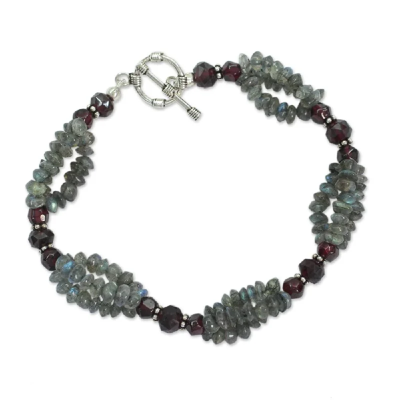 women minimalist bracelets -Handmade Labradorite and Garnet Beaded Bracelet, 'Evening Mist' (India)