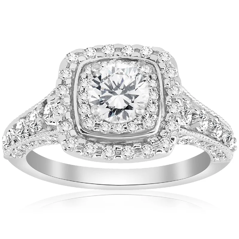 women custom-designed engagement rings -1 1/2ct Double Halo Cushion Vintage Diamond Engagement Ring 14K White Gold