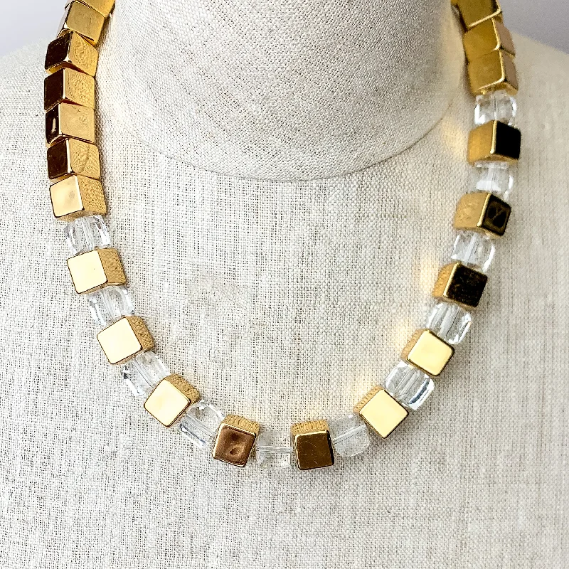 women minimalist gold necklaces -Fashionably Late Gold Tone Cubed Necklace in Clear