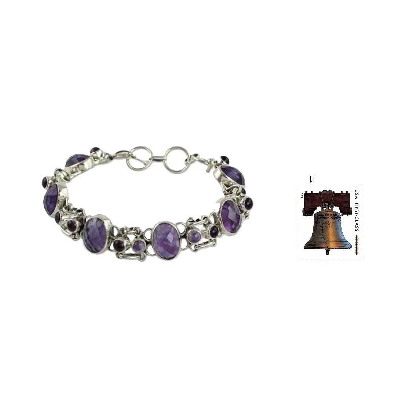 women stacked bangles -Handmade Silver Amethyst Royal Purple Link Bracelet (India) - Royal Purple