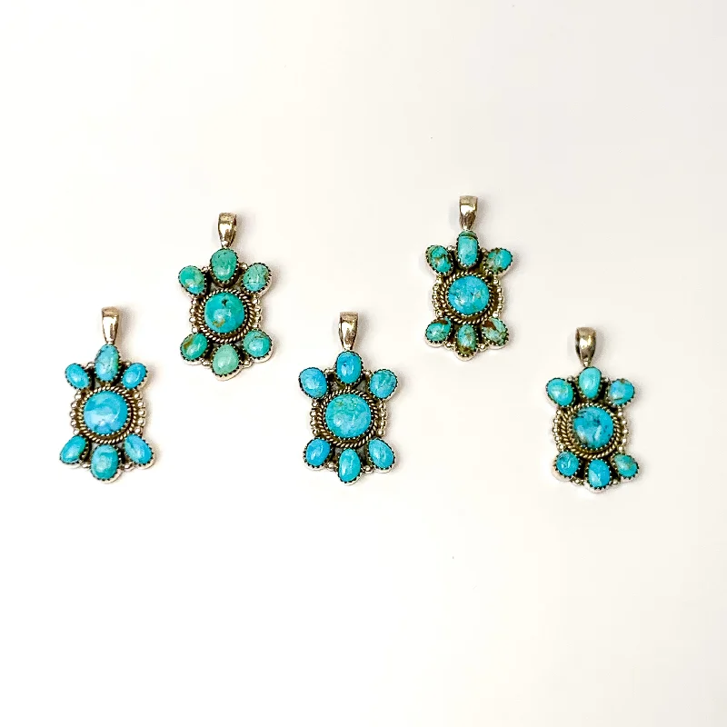 women diamond necklaces -Hada Collection | Handmade Sterling Silver Seven Stone Cluster Necklace Pendant with Kingman Turquoise Stones