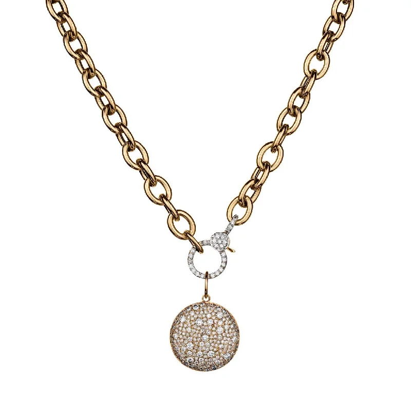 women layered gold necklaces -DIAMOND PENDANT DISC ON A LINK CHAIN NECKLACE