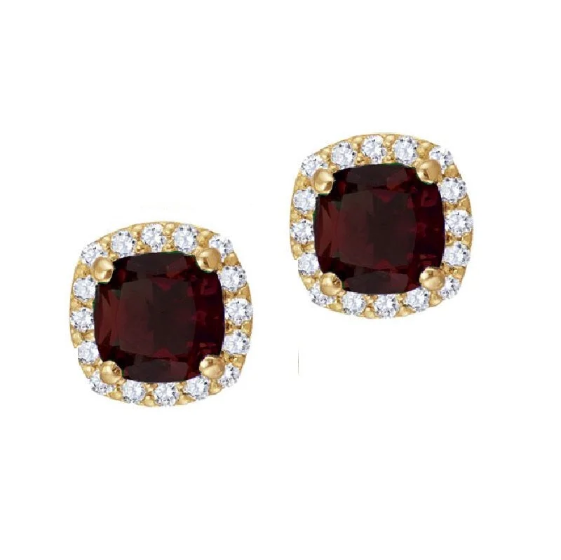 women luxury diamond earrings -5MM Cushion Garnet and White Sapphire Birthstone Halo Stud Earrings in 10KT Yellow Gold