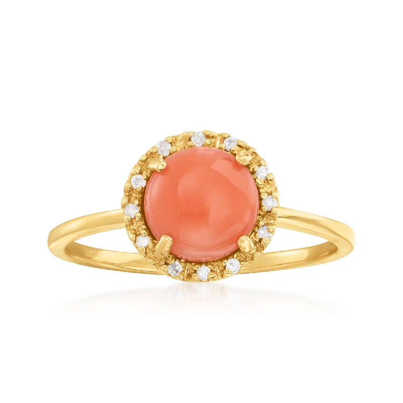 women personalized wedding rings -Ross-Simons Coral Ring With Diamond Accents in 14kt Yellow Gold