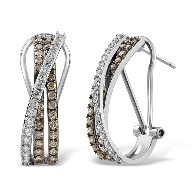 women gemstone stud earrings -1 CTW Diamond Hoop Crisscross Earrings in 14KT White Gold