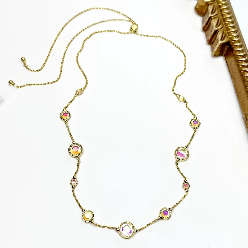 women handmade necklaces -Sorrelli | Inner Orbit Crystal Tennis Necklace in Bright Gold Tone and Aurora Borealis