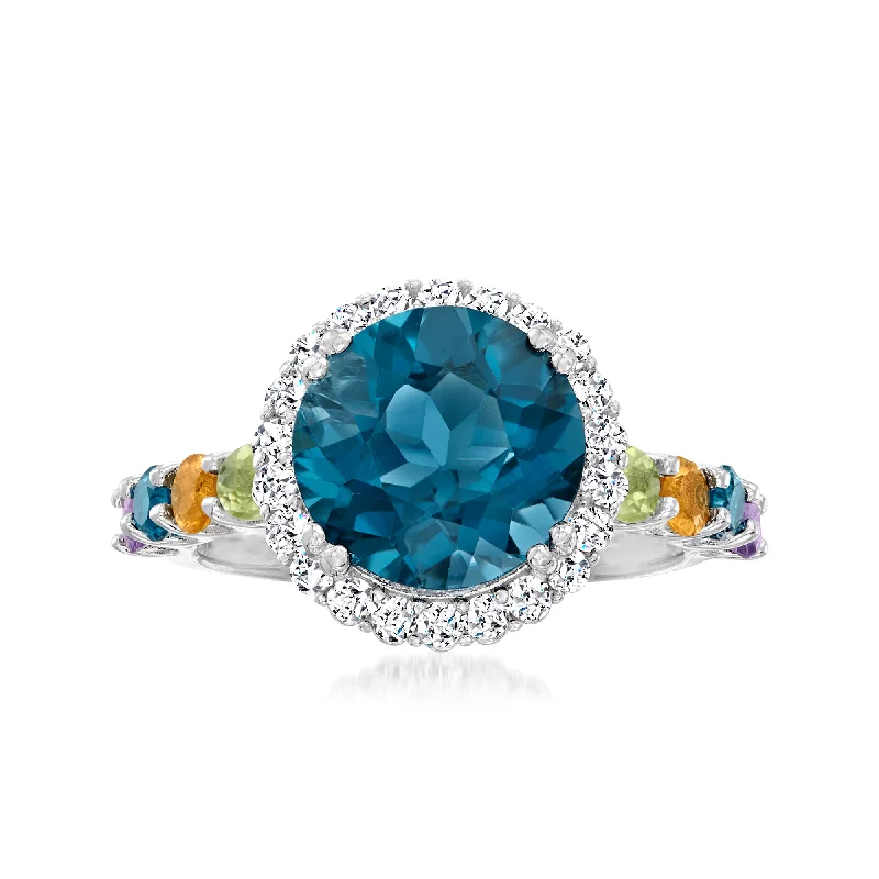 women modern solitaire engagement rings -Ross-Simons London Blue Topaz and Multi-Gem Halo Ring in Sterling Silver