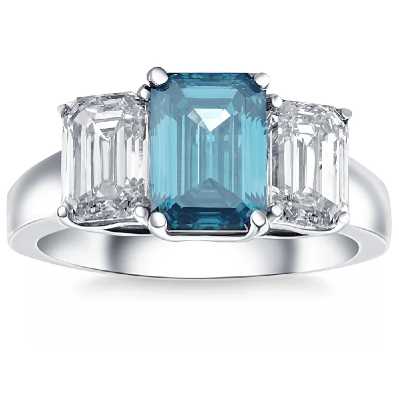 women bridal engagement rings -4.50Ct Blue & White Emerald Cut Engagement Ring 14k White Gold Lab Grown