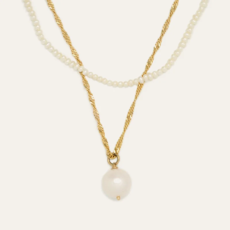 women layered gold necklaces -Forever Pearl Necklace Stack