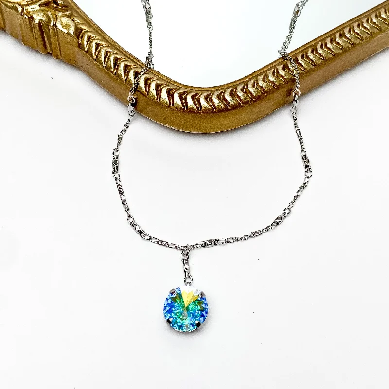 women birthday gift necklaces -Sorrelli | Nadine Long Crystal Pendant Necklace in Palladium Silver Tone and Aurora Borealis