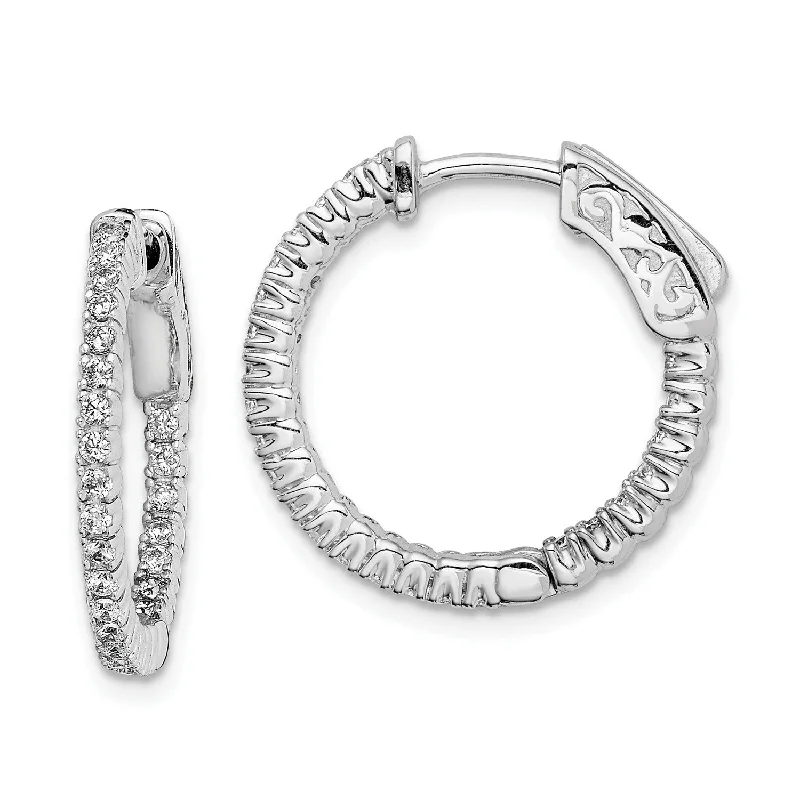 women chic drop earrings -Sterling Silver Cubic Zirconia 15MM Safety Clasp In & Out Hoop Earrings