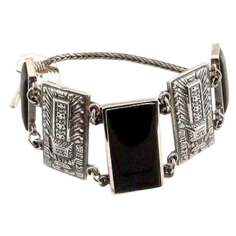 women stacked bracelet sets -Handmade Sterling Silver 'Chavin Heritage' Obsidian Bracelet (Peru)