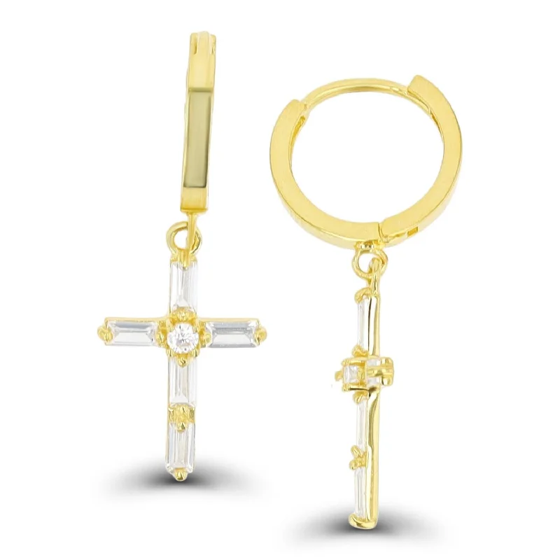 women bridal earrings -14KT Yellow Gold Baguette Cubic Zirconia Drop & Dangle Cross Earrings