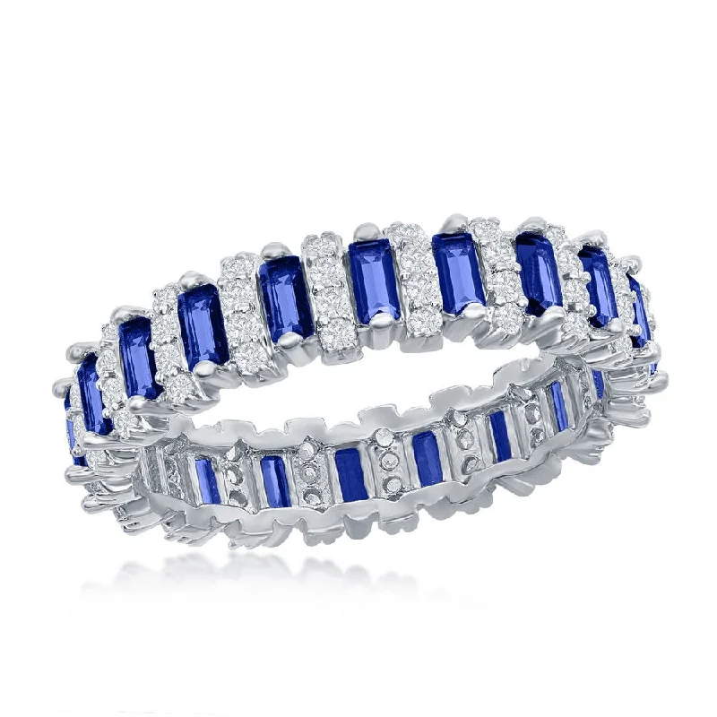 women eternity engagement rings -Sterling Silver Round & Baguette Eternity Band Ring - Simulated Sapphire - Size 9